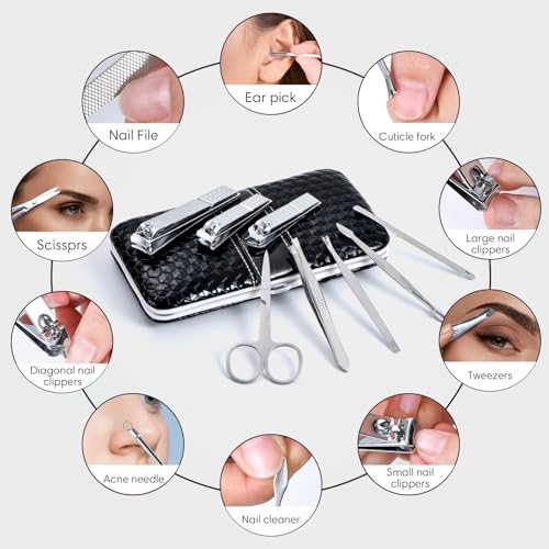 Yougai Manicure Set 18 Pieces Professional Nail Clippers Pedicure Kit Men Women, Stainless Steel Fingernail Toenail Cutters, Nail Care Grooming Tools with Leather Travel Case - color: Black