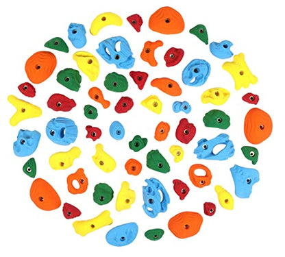 Atomik Rock Climbing Holds Set of 60 Bolt-On Rock-Like Crimpers, Edges, Jugs, Pockets and Footholds in Assorted Bright Tones