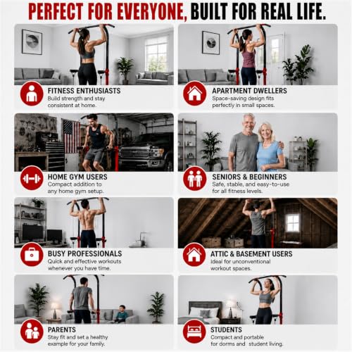 Power Tower Pull Up Bar Station, Adjustable Height Dip Stand | Adjustable Height, Pull-Ups & Dips, Space-Saving Design, Heavy-Duty Steel, Fits Users Under 6 FT - color: Red