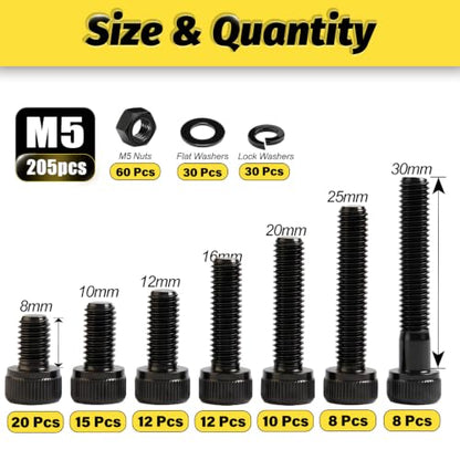 Kadrick M5 Screws Kit 205PCS, Socket Head Cap M5 Screw Assortment with Lock Washers for Secure Fastening, Class 12.9 Alloy Steel, Black Zinc Plated M5 Bolts for Mechanical, Automotive & Heavy-Duty Use - size: M5 205Pcs New