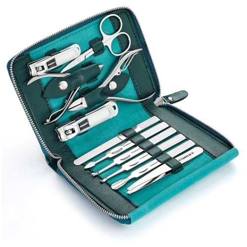FAMILIFE Nail Kit, Professional Manicure Set Manicure Kit, 11 in 1 Stainless Steel Nail Clippers Set Pedicure Tools, Men Grooming Tool with Portable Blue Leather Travel Case Luxury Gifts for Him - color: Blue