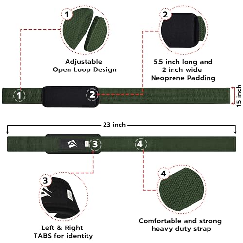 AQF Weight Lifting Straps, Padded Cotton Gym Wrist Straps for Deadlifts | 23" Extra-Long, Heavy-Duty Webbing, 5mm Neoprene Cushioning, Open-Loop Design, Sold as Pair, Ideal for Rows & Pull Workout - color: Military Green