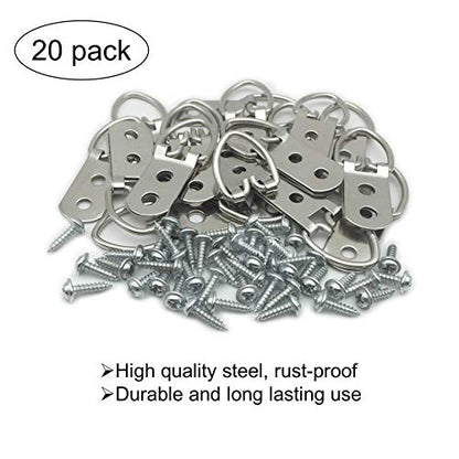 20 Pack D-Ring Steel Picture Hangers Heavy Duty with Screws Picture Frames Double Holes Clasp Picture Hang Solutions, for Hanging Clock Paintings Artwork Picture Frame Hook Photos Mirrors (Silver) - size: 20 Pack-Double hole