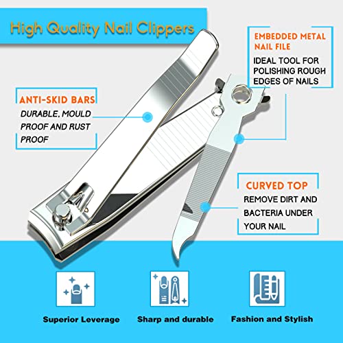 firiKer 2PCS Stainless Steel Nail Clippers,Professional Fingernail Clipper and Toenail Clipper, Wide Easy Press Lever Nail Cutter with Swing Out Nail Cleaner/File for Men and Women - color: Silver