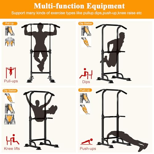SogesPower Power Tower Dip Station Pull Up Bar for Home Gym Adjustable Height Strength Training Workout Equipment,Pull Up Bar Station - color: Black