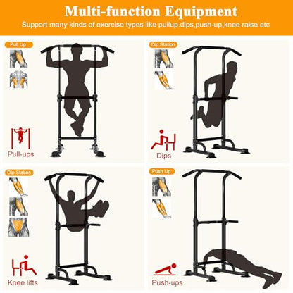 SogesPower Power Tower Dip Station Pull Up Bar for Home Gym Adjustable Height Strength Training Workout Equipment,Pull Up Bar Station - color: Black
