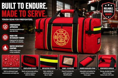 Firefighter Turnout Gear Bag – Heavy Duty Fire Resistant Equipment Duffel with Ventilation Pocket, Reflective Striping, Name Holder & Padded Shoulder Strap – Fireman Gear Bag (Red)