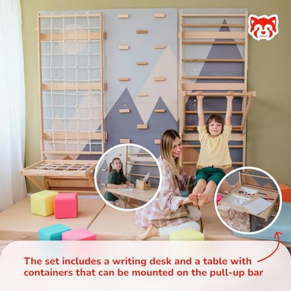 WoodandHearts 5in1 Modular Swedish Wall Gym Set for Kids Sensory Development – Swedish Ladder with Adjustable Pull-Up Bar, Rope Climbing Wall & Rock Climbing Panels (Base Set+Sorter Desk+Sit-Up Bar) - style: Base Set + 2-in-1 Sorter Desk + Sit-Up Bar