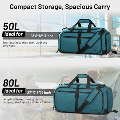 MIER Packable Travel Duffle Bag with Shoe Compartment, 80L, Teal | Foldable Weekender Duffel; Multi-Pockets; Adjustable Shoulder Strap; Luggage Sleeve; Travel, Sports, Camping, Gym - color: Teal, size: 80L