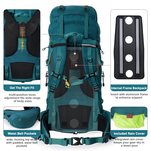 N NEVO RHINO Internal Frame Hiking Backpack 50/60/65/70/80L with Rain Cover | Backpacking Backpack with Padded Hip Belt, Multi-Pockets, Pole Loops, Waterproof Daypack for Men Women Climbing Camping - color: 20 Green, size: 75+5L