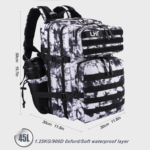 LHI Military Tactical Backpack for Men and Women 45L Army 3 Days Assault Pack Bag Large Rucksack with Shoe Compartment - color: 1.6 Black and White