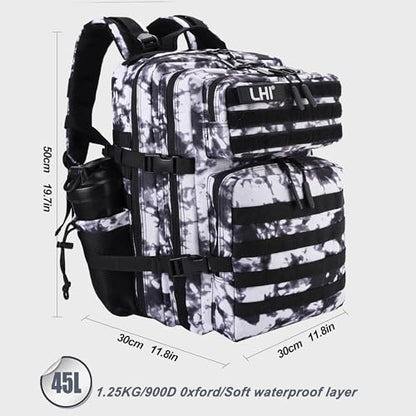 LHI Military Tactical Backpack for Men and Women 45L Army 3 Days Assault Pack Bag Large Rucksack with Shoe Compartment - color: 1.6 Black and White