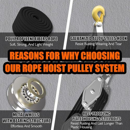 YATOINTO Rope Hoist Pulley System, 4400LB Block and Tackle Pulley System, 8:1 Lifting Power 65ft, Pulley Block for Lifting Loading Pulling with 1 Swing Hanger 2 Screws 2 Expansion Bolts - color: black, size: UPGRADED-4wheels+swing hanger