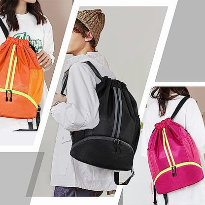 Hoedia Sports Drawstring Backpack - String Swim Gym Bag with Shoes Compartment and Wet Proof Pocket for Women&Men | String Bag with Shoes Compartment and Wet Proof Pocket, Adjustable Wider Shoulder Strap, For Soccer, Basketabll, Volleyball - color: Black,