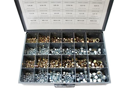 1200pcs Nylon Locknut Assortment USS, SAE, and Metric | Coarse and Fine Thread Grade 8, 5, and 8.8 (See Description for Quantities)