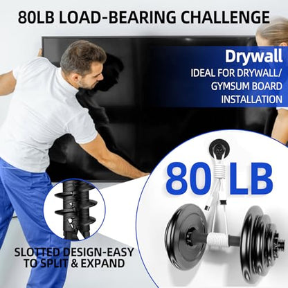 80PCS Self-Drilling #8 Drywall Anchors & Screws Set - Heavy-Duty Nylon+Glass Fiber, 80 LBS Load Capacity, Pre-Drill-Free, for Hanging Shelves/TV/Pictures - 40 Anchors + 40 Screws with Storage Case