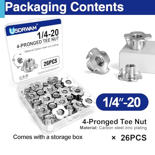 26PCS 1/4"-20 T Nuts for Wood, Zinc-Plated 4-Prong Tee Nuts | Carbon steel construction, Hammer-in installation design - style: 26 PCS 1/4"-20 Size