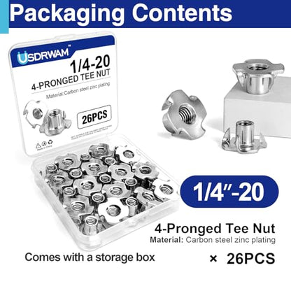 26PCS 1/4"-20 T Nuts for Wood, Zinc-Plated 4-Prong Tee Nuts | Carbon steel construction, Hammer-in installation design - style: 26 PCS 1/4"-20 Size