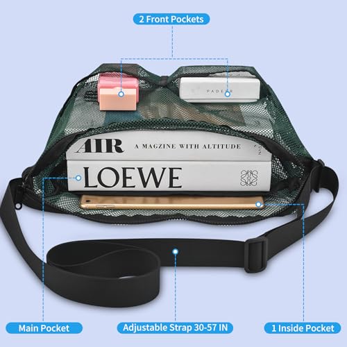 Mildbeer Gym Tote Bag, Mesh Bag Crossbody Satchel 12x6x12 for Gym Beach Ball Games Training Camping Hiking Clothes Storage - color: Forest Green