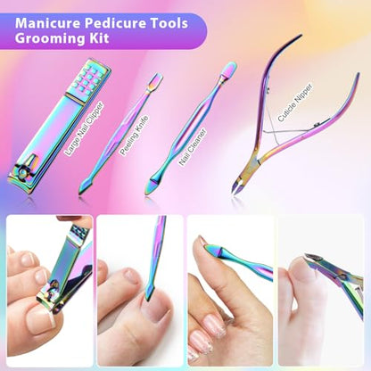 CGBE Nail Clippers Set, Manicure Set Pedicure 12 Pieces Stainless Steel Manicure Kit Professional Grooming Care Tools with Luxurious Travel Case - color: Pink-colorful