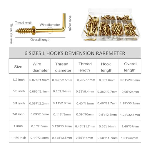 150 PCS 7 Shaped Right Angle Screw Hooks Sets,Gold 6 Sizes Screw in L Shaped Hooks for Hanging Lamp,Plants,Decorations,kitchenware and DIY Crafts,(1/2",5/8",3/4",7/8",1",1-1/4") - size: Gold 6sizes 150pcs