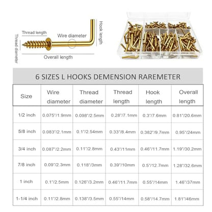 150 PCS 7 Shaped Right Angle Screw Hooks Sets,Gold 6 Sizes Screw in L Shaped Hooks for Hanging Lamp,Plants,Decorations,kitchenware and DIY Crafts,(1/2",5/8",3/4",7/8",1",1-1/4") - size: Gold 6sizes 150pcs