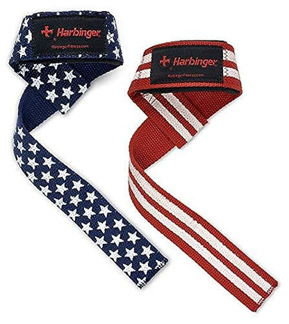 Harbinger Padded Cotton Lifting Straps with NeoTek Cushioned Wrist, 21.5 Inch Length, 1.5 Inch Width, Pair, Weightlifting Wrist Straps for Deadlifts and Strength Training - color: Flag