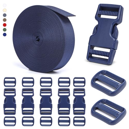 BEYOURD 1 inch Buckles and Strap Set: 10 Yards Polyester Webbing, 6 Pack Dual Adjustable Side Release Plastic Buckles, 12 PCS Tri-Glide Slider Clips, Navy Blue - color: Navy Blue