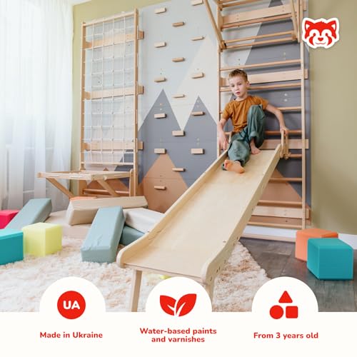 WoodandHearts 5in1 Modular Swedish Wall Gym Set for Kids Indoor Active Play – Wooden Swedish Ladder with Adjustable Pull-Up Bar, Rock Climbing and Slide (Base Set+Step-Down Slide+Sit-Up Bar) - style: Base Set + Step-Down Slide + Sit-Up Bar