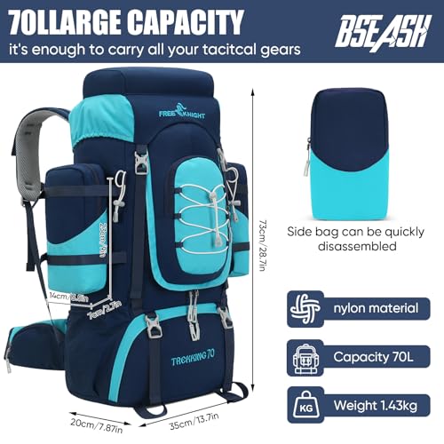 Bseash 70L (65+5) Waterproof Hiking Camping Backpack with Rain Cover, Outdoor Sport Travel Daypack for Climbing Touring (Navy Blue) - color: Navy Blue