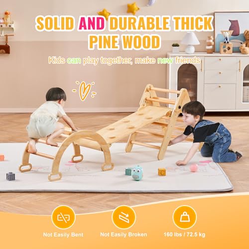 Happybuy 5-in-1 Toddler Climbing Set, Montessori Pikler Triangle, Ramp & Arch, Medium Wooden Playground for 1-3 Years, Indoor Climbing Gym, Wood Color