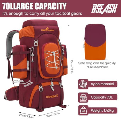 Bseash 70L (65+5) Waterproof Hiking Camping Backpack with Rain Cover, Outdoor Sport Travel Daypack for Climbing Touring (Red) - color: Red