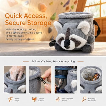 Funny Rock Climbing Chalk Bag, Soft Knitted Climbing Chalk Pouch with Drawstring Adjustable Belt, Fit Bouldering, Gymnastics & Outdoor Activities for Climbers - style: Raccoon