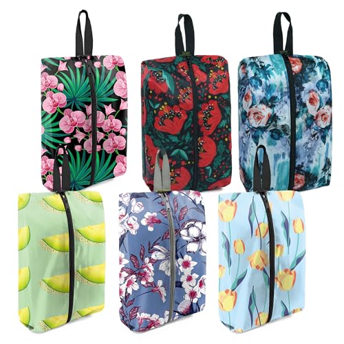 BeeGreen Shoe Bags 6 Pack Flower Design for Travel with Handle as Packing Organizers for Suitcase and Luggage | Portable Nylon Storage Accessories for Vacations, Essential Gifts for Women and Men - color: Sky blue, orange red, purple blue, emerald green,