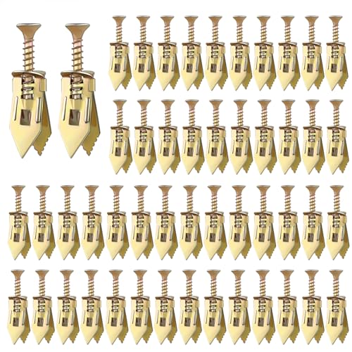 100 Pcs Self-Drilling Anchors with Screws – No Drill Needed Drywall Anchors Kit, Heavy Duty Wall Anchors for TV, Cabinets, Shelves, Curtain Rods, Bikes,Sheetrock, Gypsum Board (50 Anchors + 50 Screws) - color: Gold