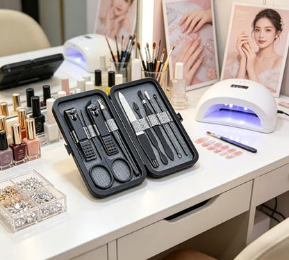 Luxury 9-in-1 Manicure Set – Premium Stainless Steel Grooming Kit with Elegant Leather Case-Black