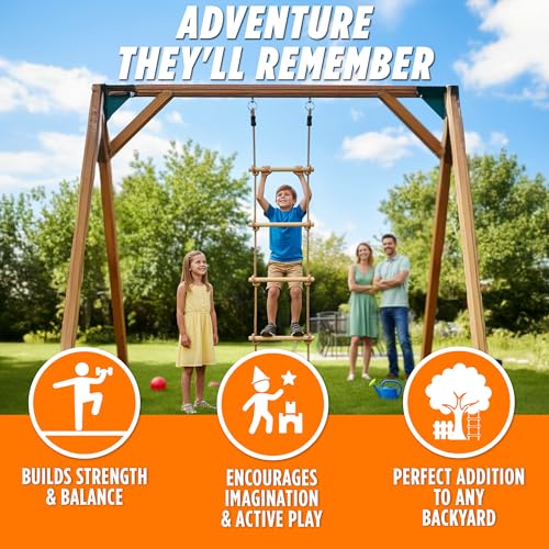 Wooden Rope Ladder for Kids - 6ft Tree Climbing Ladder with Carabiners | Real Wood Rungs, Heavy-Duty Rope, Holds 220 lbs, No-Tool Setup, for Treehouse, Swing Sets and Ninja Warrior Obstacle Course