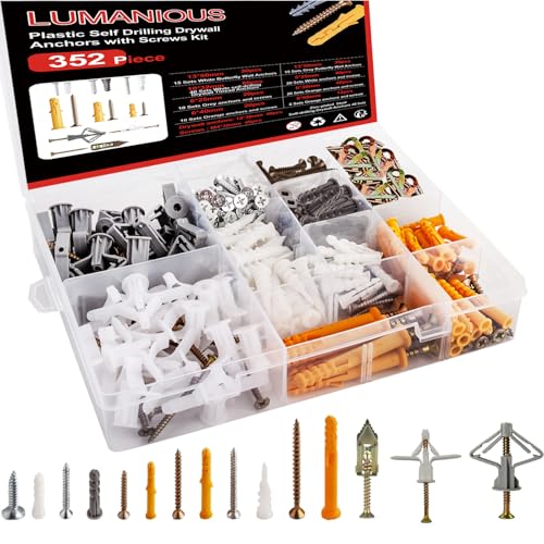 352pcs Self-Drilling Drywall Anchors and Screws Kit, 9 Different Assorted Size, Include Nylon Plastic Wall Anchors,Galvanized Steel Anchors, Screws, Hollow Door Anchors, Holds Up to 75lbs