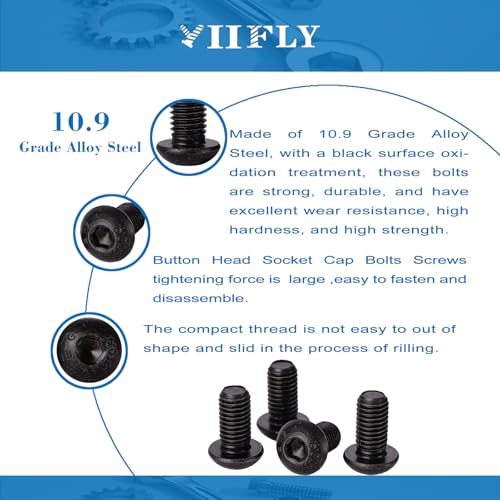 M6-1.0 Button Head Socket Cap Bolts Screws - 30/35/40/45/50mm Length Kit, 10.9 Grade Alloy Steel, Allen Drive, Black Oxide Finish, Full Thread, 50-Piece Set - size: 12.9-Button-M6-30-50mm