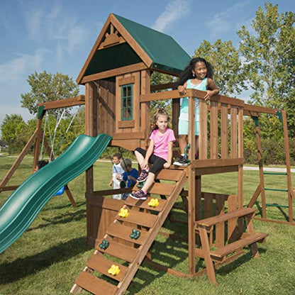 Swing-N-Slide Fremont Wooden Swing Set with Slide, Glider, Swings, Monkey Bars, Climbing Wall and Picnic Table, Wood, Green - size: Fremont