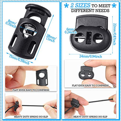 Patelai 50 Pieces Cord Locks Spring Toggles Stoppers Plastic Single Hole End Stopper Slider and 1/8 Inch 66 Feet Elastic Bungee Cord for Drawstring Shoelaces Clothing Bags(Black, Mixed Style) - size: Black, style: Mixed Style