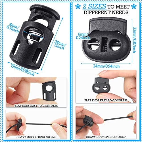 Patelai 50 Pieces Cord Locks Spring Toggles Stoppers Plastic Single Hole End Stopper Slider and 1/8 Inch 66 Feet Elastic Bungee Cord for Drawstring Shoelaces Clothing Bags(Black, Mixed Style) - size: Black, style: Mixed Style