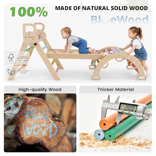 BlueWood Pikler Triangle Set with Cushion, Wooden Climbing Toys for Toddler | Foldable 9-in-1 Montessori Philosophy Toddler Climbing Toys Indoor with Reversible Ramp, Arch and Ladder - Rainbow - color: Rainbow