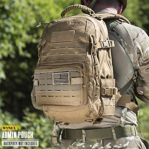 WYNEX Tactical Molle Admin Pouch, Double Layer Large EDC Tool Pouch Bag | Laser-Cut Design, Medical EMT IFAK with Map Pocket, Tool Organizer Molle Accessories, Flag Patch Included, 9.5"x7.5"x3.2" - color: Khaki