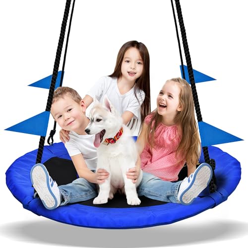 40 Inch Saucer Tree Swing Flying 900lb Weight Capacity 2 Added Hanging Straps Adjustable Multi-Strand Ropes Colorful Safe and Durable Swing Seat for Children Adults - Blue - color: Blue, size: 40 IN