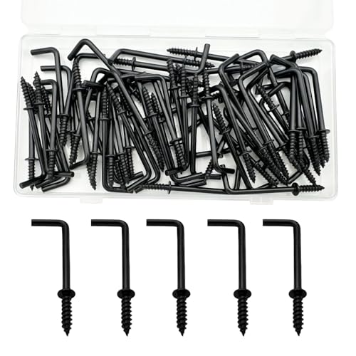 60 PCS 7 Shaped Right Angle Screw Hooks,Black 1-1/2 Inch Screw in L Shaped Hooks for Hanging Lamp,Plants,Decorations,kitchenware and DIY Crafts - size: 1-1/2inch 60pcs