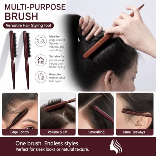 2 Pcs Teasing Boar Bristle Hair Brush for Women Rat Tail Comb with Pick Fine Tooth Hair Brush for Edge Control Backcombing Slick Back Smoothing and Styling Brush Adds Volume Reduces Frizz