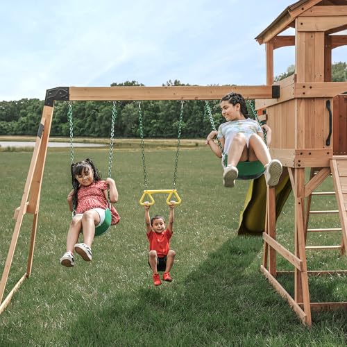 Backyard Discovery Sterling Point Cedar Wood Swing Set with Wave Slide, Raised Clubhouse, Wooden Bridge, Rock Wall, Belt Swings, Web Swing, Trapeze, Balcony, Climbing Wall, Ladder, Outdoor Playset - color: Yellow Slide, style: Cedar
