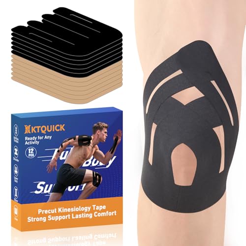 KTQUICK Precut Kinesiology Tape for Knees, 12PCS, 20% Stronger Black&Beige | Upgraded Designed Knee Tape with Premium Cotton, Breathable, Waterproof, Latex-Free Athletic Tape for Running, Gym & Hiking - color: Black&beige, size: 12PCS