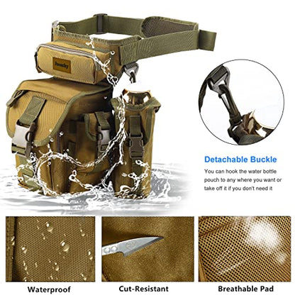 Jueachy Drop Leg Bag for Men Tactical Metal Detecting Thigh Pack with Water Bottle Pouch - color: Tan